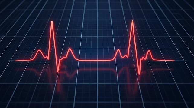 Vibrant red electrocardiogram waveform pulsing across a dark blue grid representing life and health monitoring technology