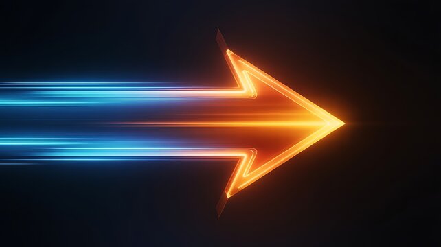 Bright orange arrow with streaks of blue light trails moving forward on a dark background symbolizing speed progress and direction