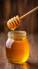 Golden honey dripping from a wooden dipper into a jar