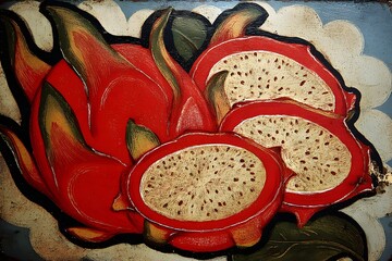 Textured Painting of Whole and Sliced Red Dragon Fruits with Golden Details
