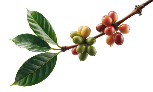 Coffee beans on branch, green, red, yellow, ripening process, agriculture, plant, leaves, coffee plant, coffee cherries, coffee fruit, beverage, caffeine, drink,  