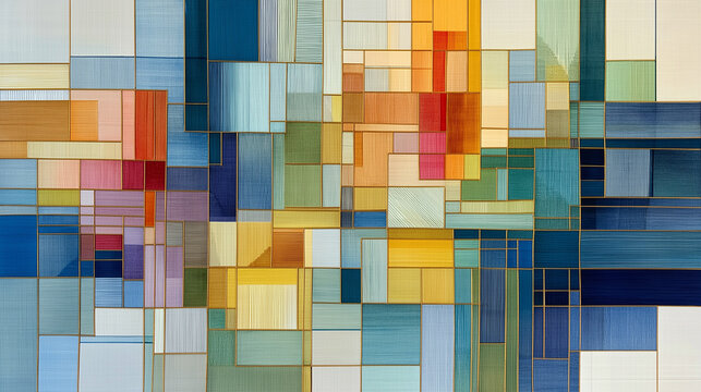 한국 전통 보자기에서 영감을 받은 다채로운 사각형 무늬의 추상적 배경-Abstract background with colorful square patterns inspired by traditional Korean bojagi(traditional wrapping cloth)