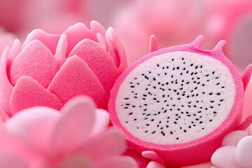 Dragon Fruit Half with Black Seeds on Textured Pink Background