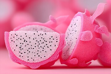 Macro Shot of Vibrant Pink Sliced Dragon Fruit with White Flesh and Black Seeds on a Soft Pink Background