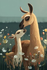 Llama Mother and Calf Tenderly Interacting in a Wildflower Meadow Illustration