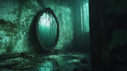 Enigmatic mirror in a decaying, overgrown room