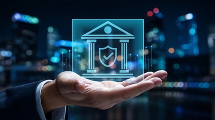 Businessman holding a glowing digital icon of a bank building with a shield and checkmark symbolizing financial security and trust in technology