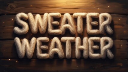Cozy "Sweater Weather" Text Crafted from Thick Yarn on Rustic Wooden Background