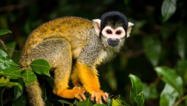 A small, golden-furred monkey perches on a branch amidst lush green foliage