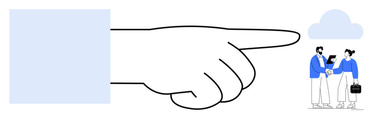 Large hand gestures toward two professionals shaking hands under cloud motif. Ideal for teamwork, digital solutions, direction, business, partnerships, leadership, collaboration. Simple flat metaphor