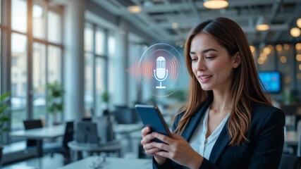 Businesswoman using voice assistant on smartphone with dynamic sound waves and microphone icon in modern office. Concept of smart assistant, AI communication, and voice technology. 4k video - Powered by Adobe