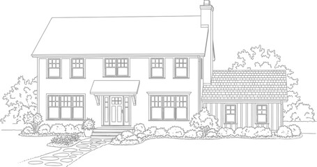 Architectural drawing of two story house with chimney and garden landscape
