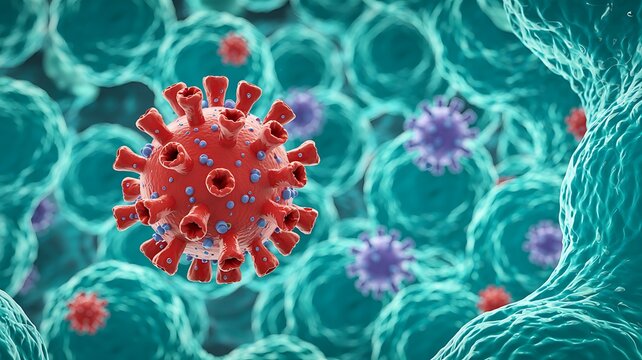 Close up microscopic view of a red coronavirus particle surrounded by numerous green cells and smaller purple virus particles