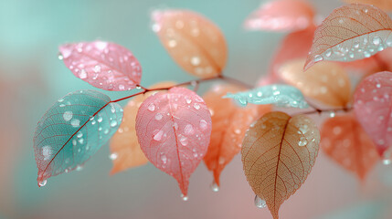 Colorful Pastel Leaves Adorned with Dew Drops in a Dreamy Setting