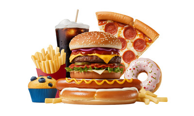 Delicious Fast Food Assortment Hamburger, Pizza, Fries, Soda, Donut, Hot Dog and More