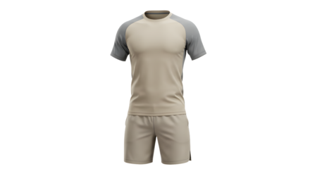 Beige and gray soccer uniform with short sleeves and shorts on transparent background, perfect for sportswear design