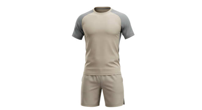 Beige and gray soccer uniform with short sleeves and shorts on transparent background, perfect for sportswear design