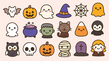 Collection of halloween icons pumpkin ghost bat skull witch