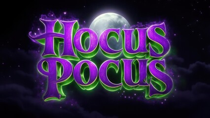 Luminous purple and green Hocus Pocus logo floating before a full moon on a magical, starry night.
