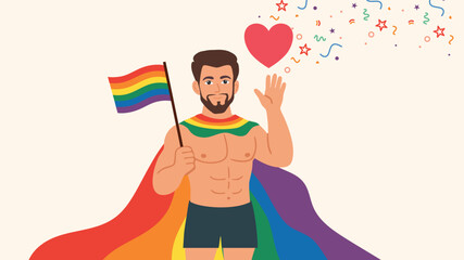 Shirtless muscular man waving rainbow flag pride celebration illustration