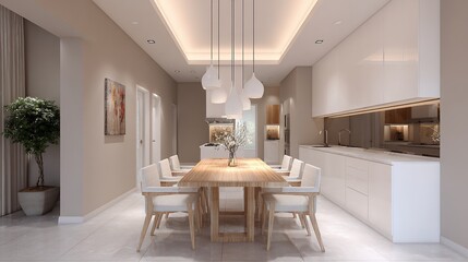 Elegant dining room w/wooden table, white chairs, cabinets, and hanging lamps