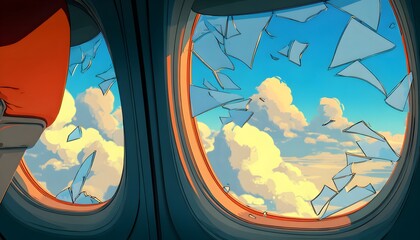 Dramatic Cartoon Illustration of Broken Airplane Window with Shattered Glass and Sky View