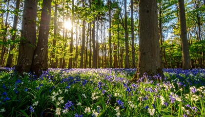 Sunlit Bluebell Forest Spring.