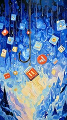 Internet Phishing Metaphor: Fishing Hook Lures Glowing Digital App Icons in Abstract Oil Painting
