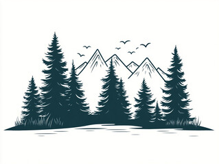 Obraz premium A line art illustration features a row of stylized pine trees in front of a series of tall, jagged mountains. The design is clean and minimalist against a white background.