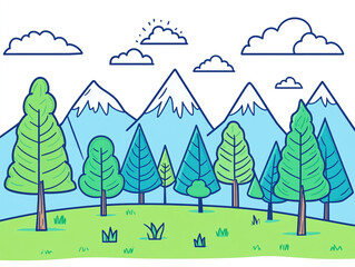 A line art illustration features a row of stylized pine trees in front of a series of tall, jagged mountains. The design is clean and minimalist against a white background.
