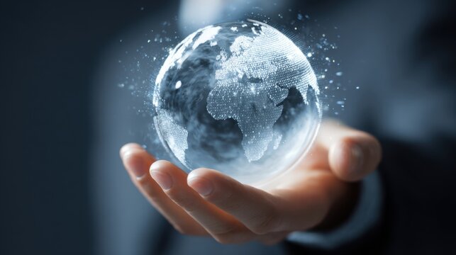 Hand Holding Transparent Globe with Digital World Map Design