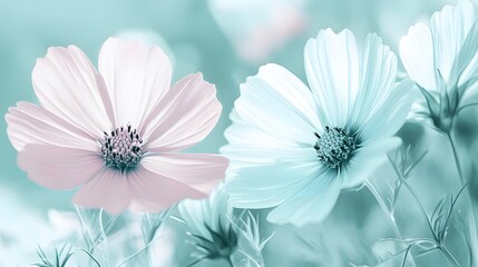 Obraz premium Pastel Pink and Teal Cosmos Flowers Close Up Macro