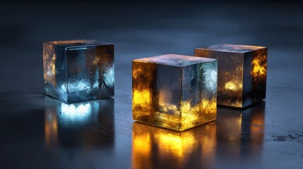 Glowing Ice Cubes in Dark Setting with Reflective Surface