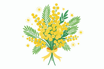 Yellow Mimosa Flower Branch Isolated on White Background – Acacia Dealbata Blossom Illustration