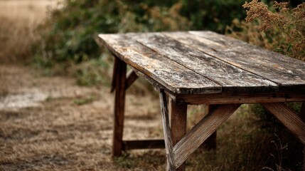 Fototapeta premium Weathered Wooden Table Surrounded by Nature in Soft Focus