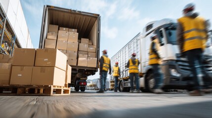 Naklejka premium Warehouse Workers Unloading Boxes from Delivery Truck at Dock