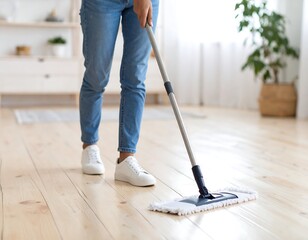 Woman mopping wooden floor with home.