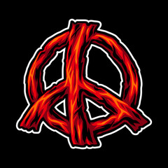 Symbol peace burns in fire red color black background
