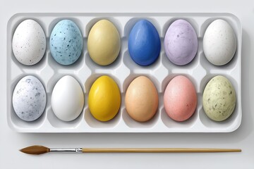 Obraz premium Colorful painted eggs in tray with brush for easter decoration and art projects