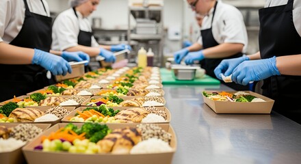 Professional Chefs Preparing Packaged Meal Boxes in Commercial Kitchen