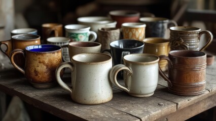 Handcrafted Ceramic Mugs, Rustic Display on Wooden Table