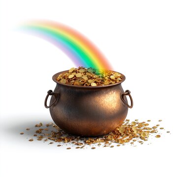 Bronze cauldron overflowing with gold coins and rainbow on white background