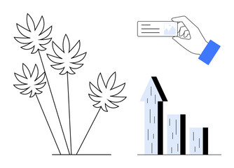 Cannabis plants, a hand holding an ID or card, and an upward bar graph symbolizing growth and progress. Ideal for finance, agriculture, marketing, education, sustainability, health simple landing