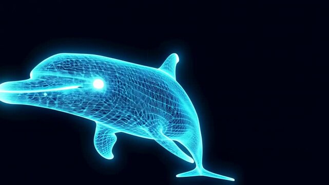 Neon blue wireframe dolphin on black background