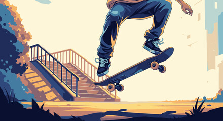 Naklejka premium An illustration of a skateboarder in mid-air performing a trick near a set of stairs during sunset.