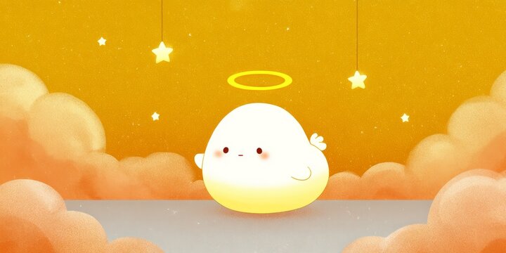 Cute Angelic Blob in the Clouds with Halo and Hanging Stars in Dreamy Orange Sky