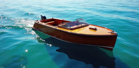 Classic Wooden Rescue Boat on Calm Blue Water, Awaiting its Next Mission