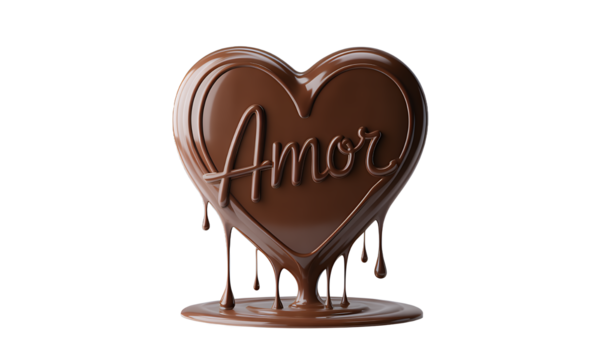 Heart-shaped chocolate candy with dripping chocolate and love inscription.