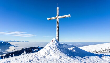 A weathered wooden cross stands atop a snow-covered mountain peak, overlooking a vast, hazy valley