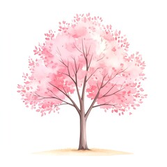 Pink Cherry Blossom Tree, Watercolor Illustration